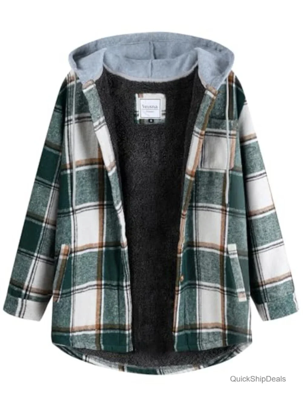 Women's Flannel Plaid Shacket Hooded Fleece Jacket
